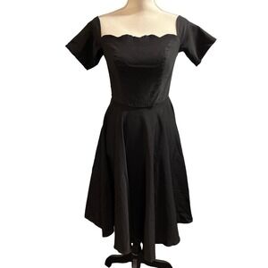Belle Poque Dress Black Smocked Scallop Neck Midi Size S Pinup Rockabilly Swing